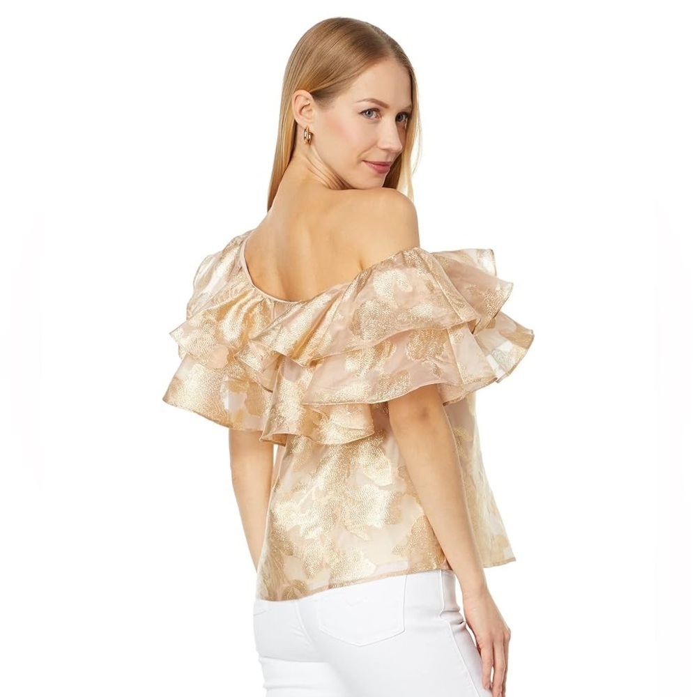 Lilly Pulitzer Gold Ruffle Off-Shoulder Top - Picture 2 of 5